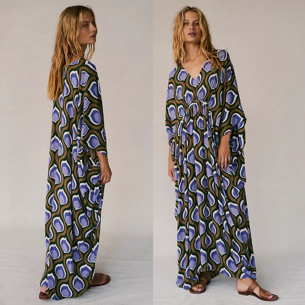 New Free People Groovy Baby Maxi Kaftan Peacock Olive Lavender Dress One Size - Picture 3 of 10
